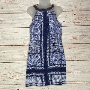 Vince Camuto Beaded Neck Sleeveless Shift Dress in Blue White Print Sz 8